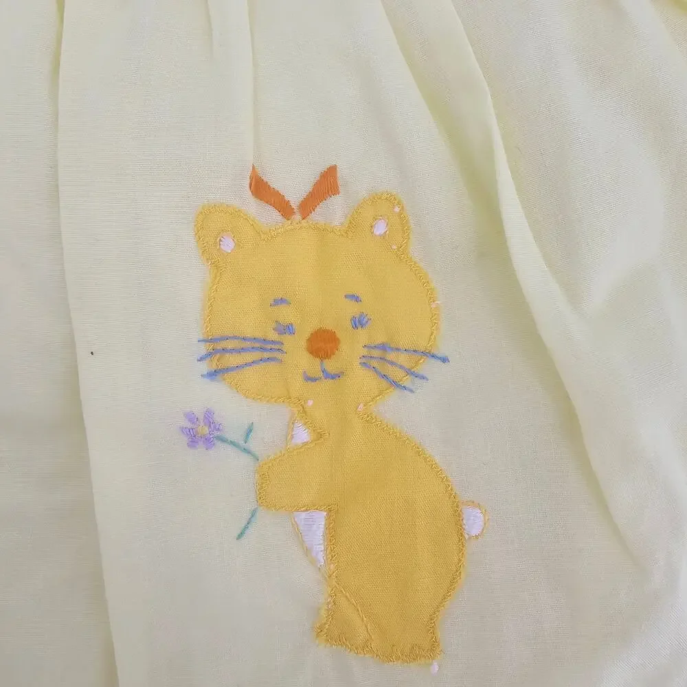 Vintage 70's Yellow Kitty Lace Ruffle Frilly Smocked Dress Baby Girl 18 mo 4034